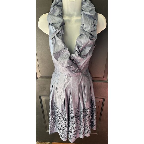 Adrianna Papell Blue Iridescent Ruffle Collar Midi Dress Size 6 Wedding Guest - Picture 6 of 12